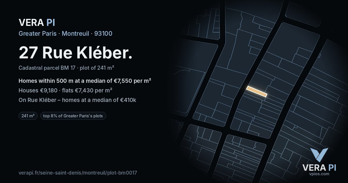 27 Rue Kléber, Montreuil at night – the plot lit, the parcels around coloured by the prices near them
