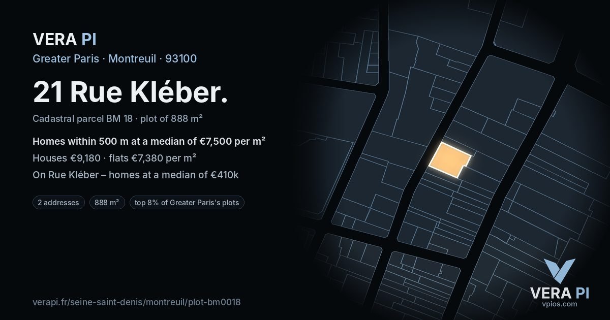 21 Rue Kléber, Montreuil at night – the plot lit, the parcels around coloured by the prices near them