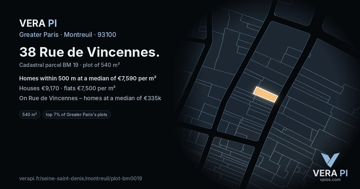 38 Rue de Vincennes, Montreuil at night – the plot lit, the parcels around coloured by the prices near them