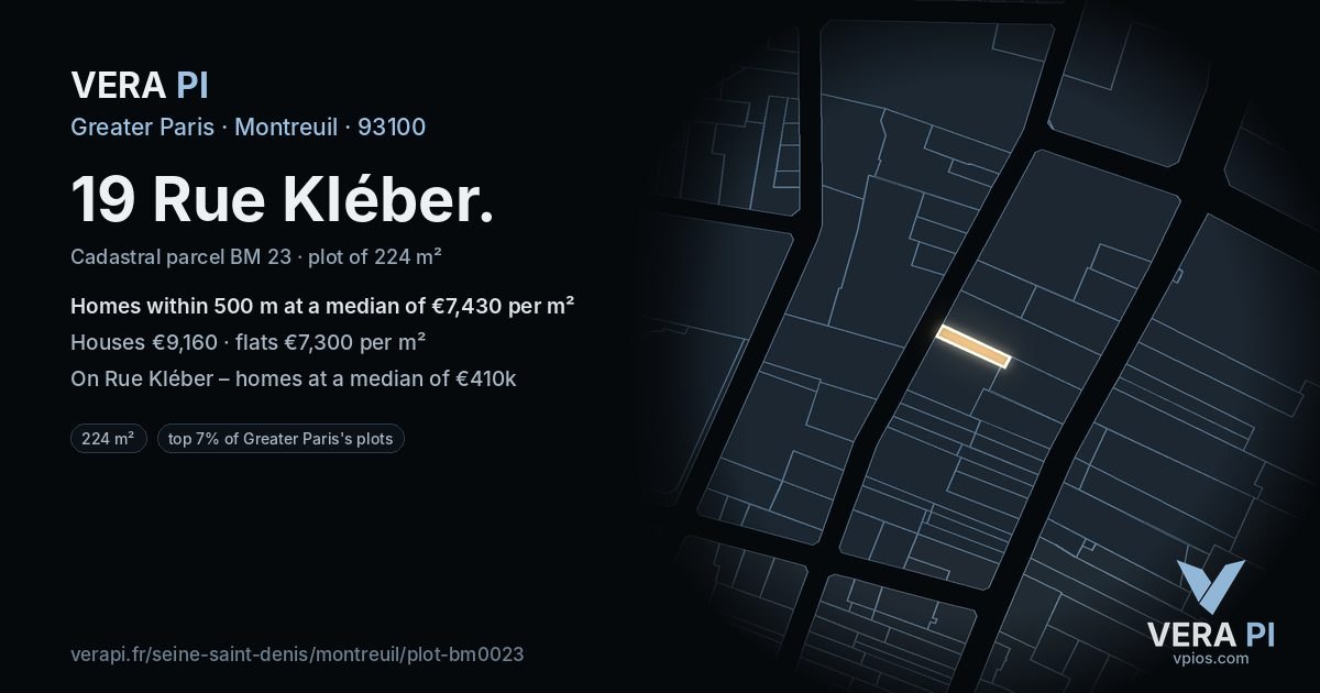 19 Rue Kléber, Montreuil at night – the plot lit, the parcels around coloured by the prices near them