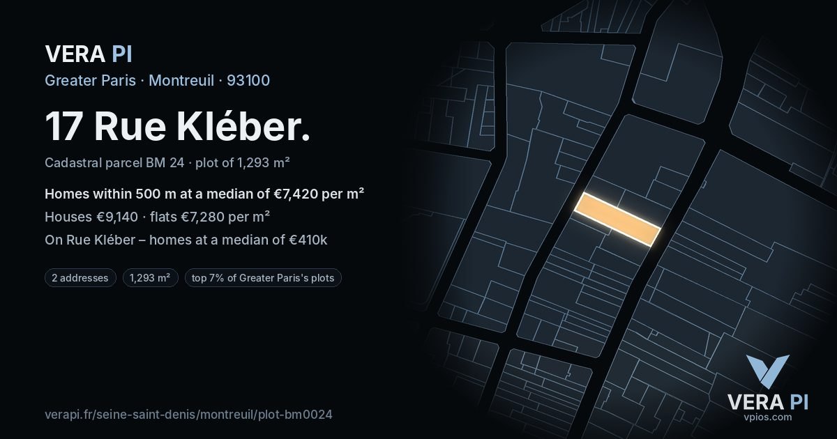 17 Rue Kléber, Montreuil at night – the plot lit, the parcels around coloured by the prices near them