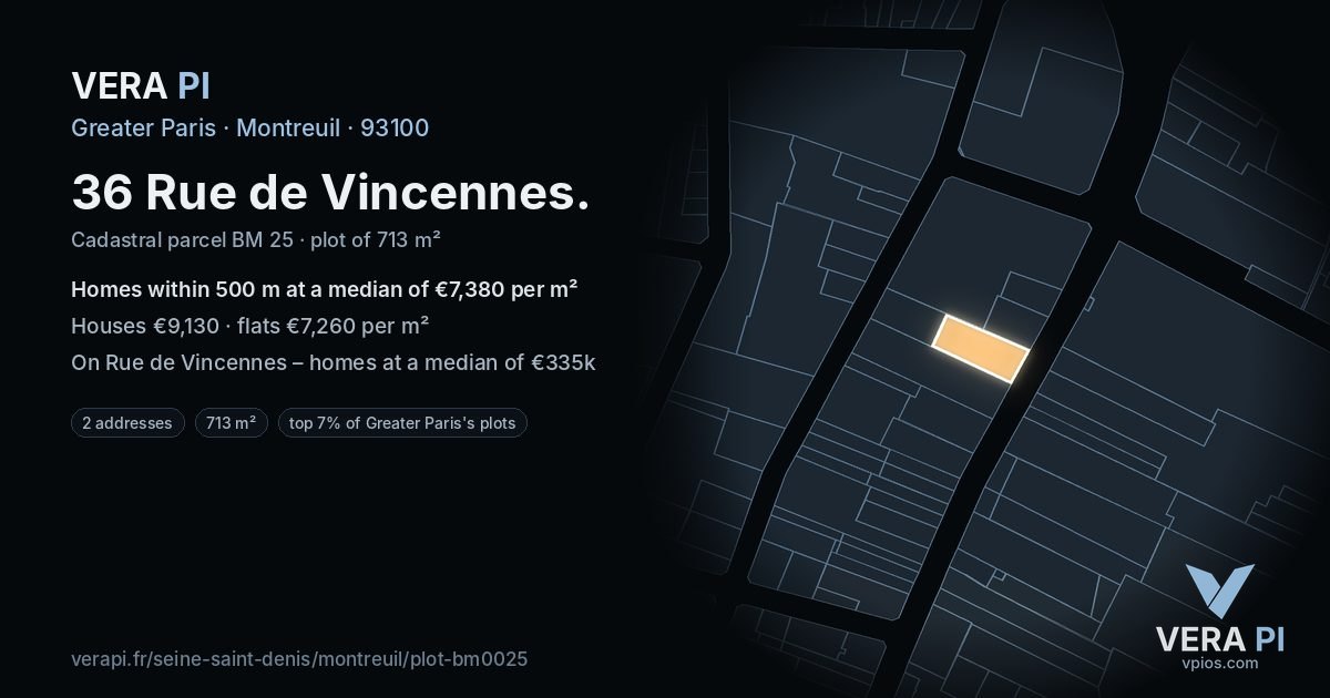 36 Rue de Vincennes, Montreuil at night – the plot lit, the parcels around coloured by the prices near them