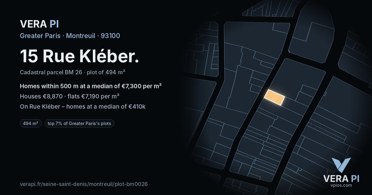 15 Rue Kléber, Montreuil at night – the plot lit, the parcels around coloured by the prices near them