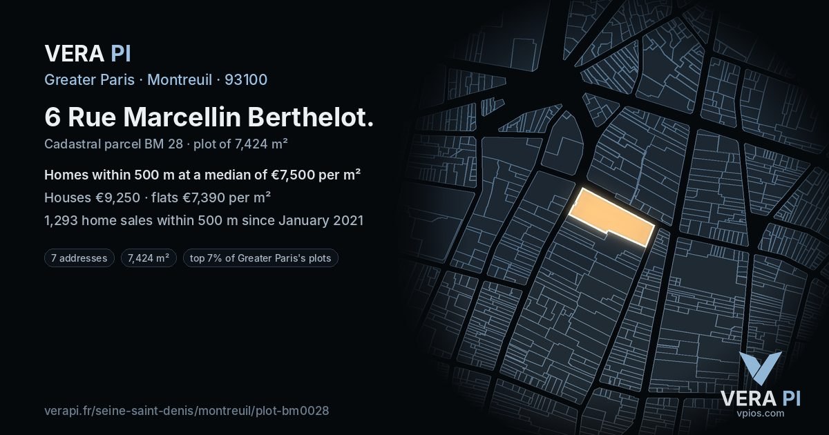 6 Rue Marcellin Berthelot, Montreuil at night – the plot lit, the parcels around coloured by the prices near them