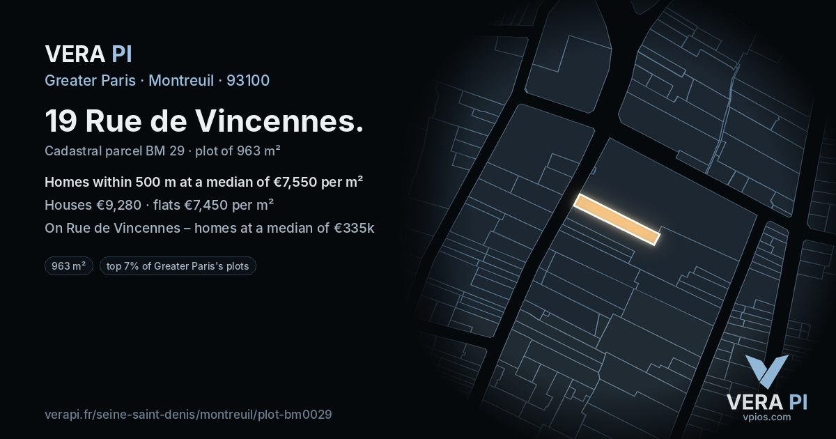 19 Rue de Vincennes, Montreuil at night – the plot lit, the parcels around coloured by the prices near them