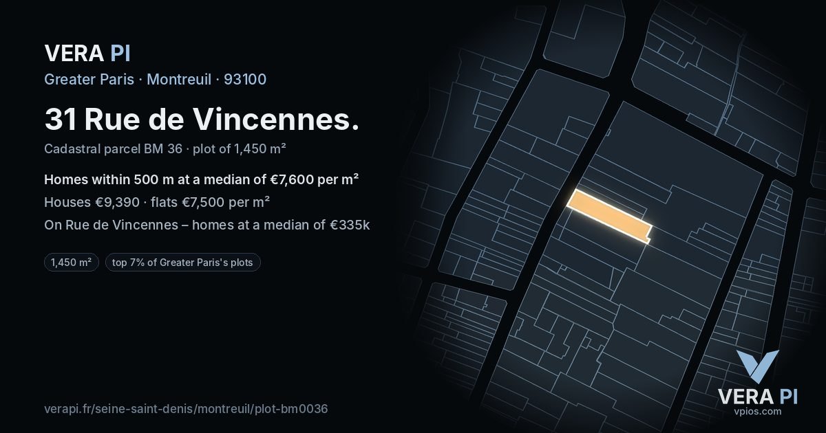 31 Rue de Vincennes, Montreuil at night – the plot lit, the parcels around coloured by the prices near them