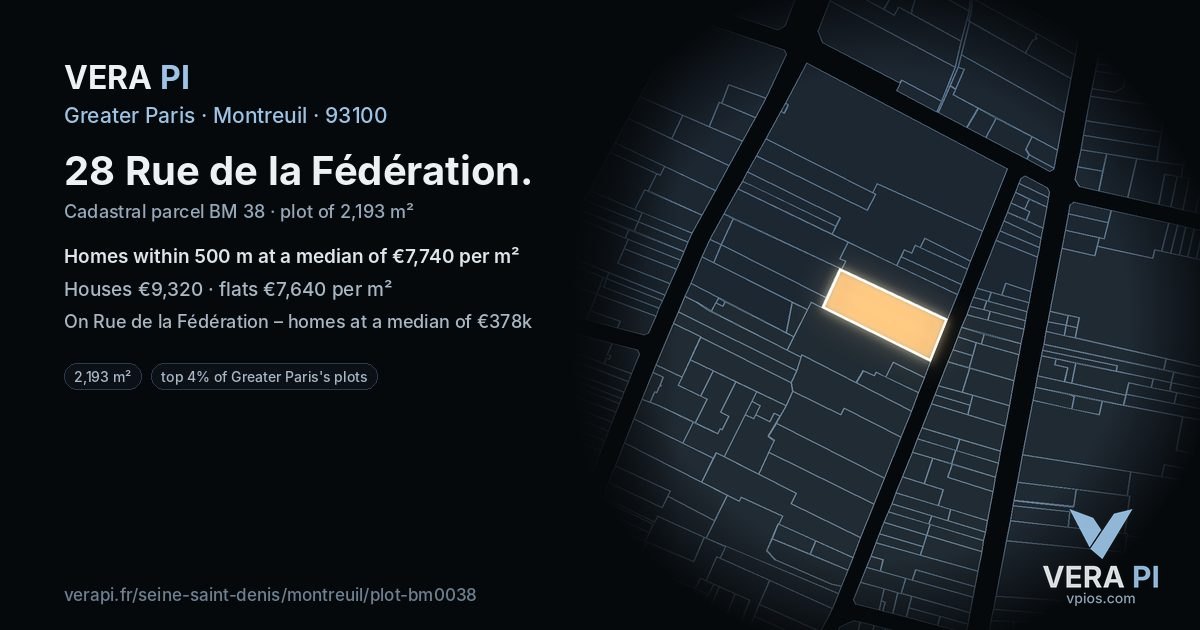 28 Rue de la Fédération, Montreuil at night – the plot lit, the parcels around coloured by the prices near them