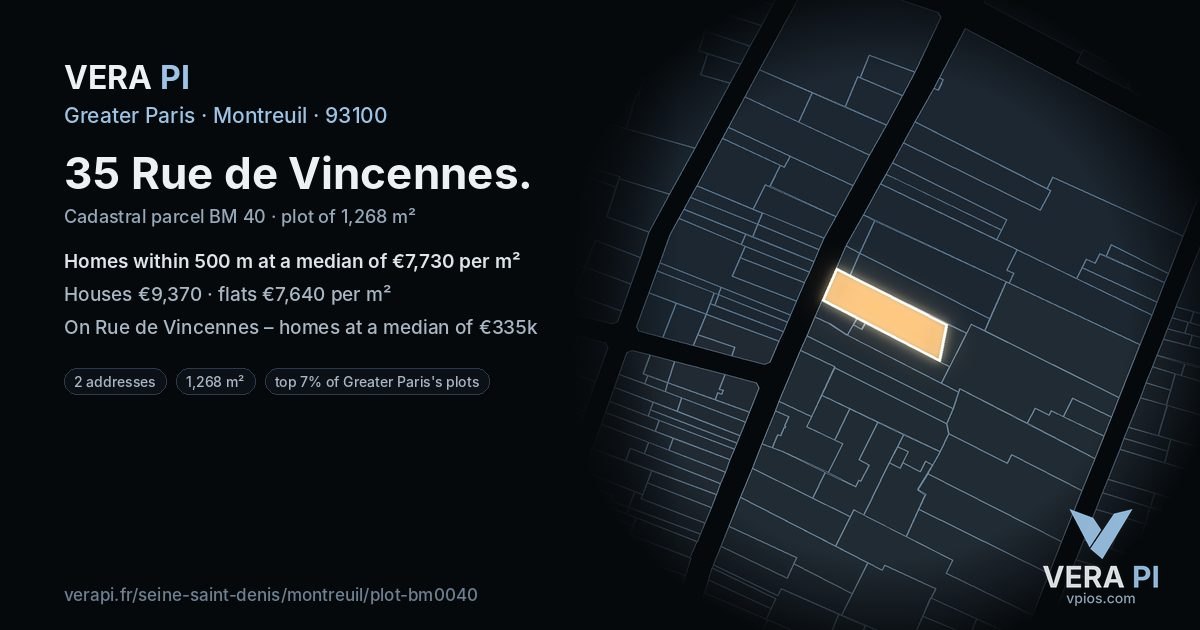 35 Rue de Vincennes, Montreuil at night – the plot lit, the parcels around coloured by the prices near them