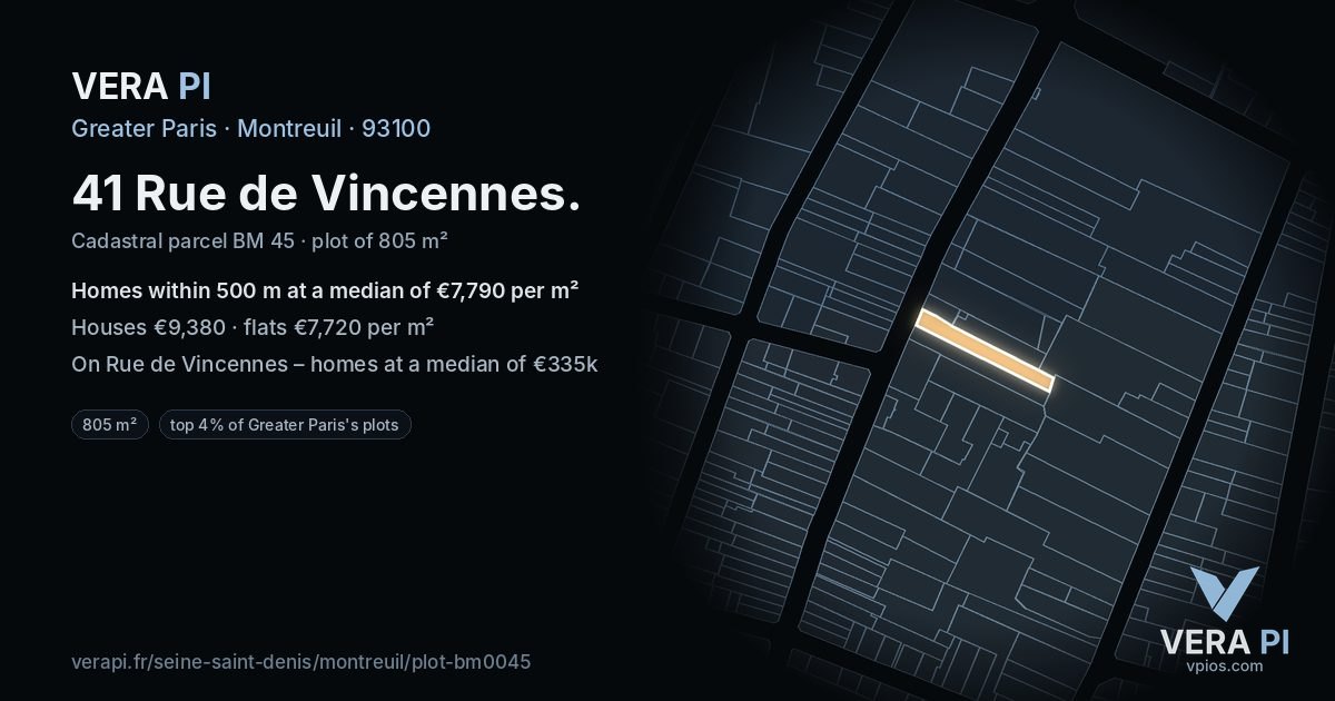 41 Rue de Vincennes, Montreuil at night – the plot lit, the parcels around coloured by the prices near them