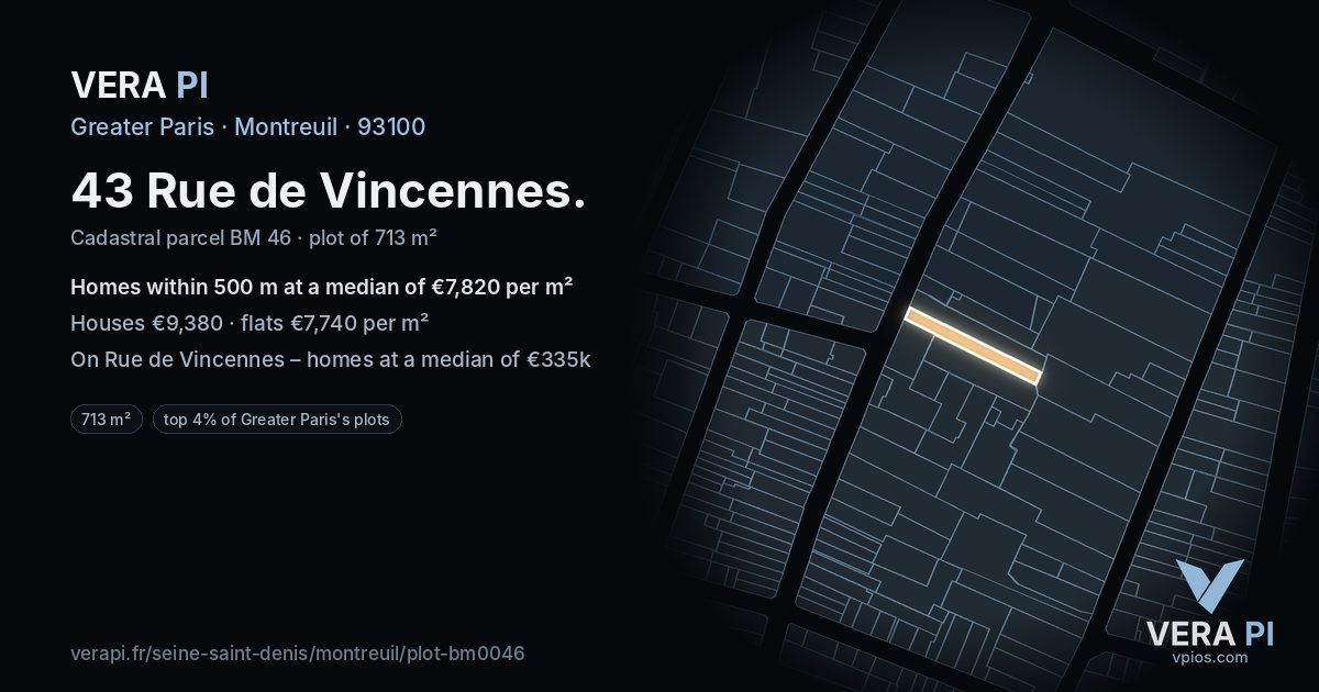 43 Rue de Vincennes, Montreuil at night – the plot lit, the parcels around coloured by the prices near them