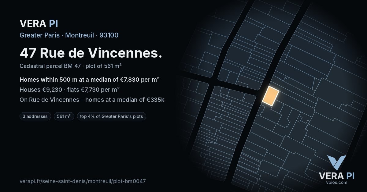 47 Rue de Vincennes, Montreuil at night – the plot lit, the parcels around coloured by the prices near them