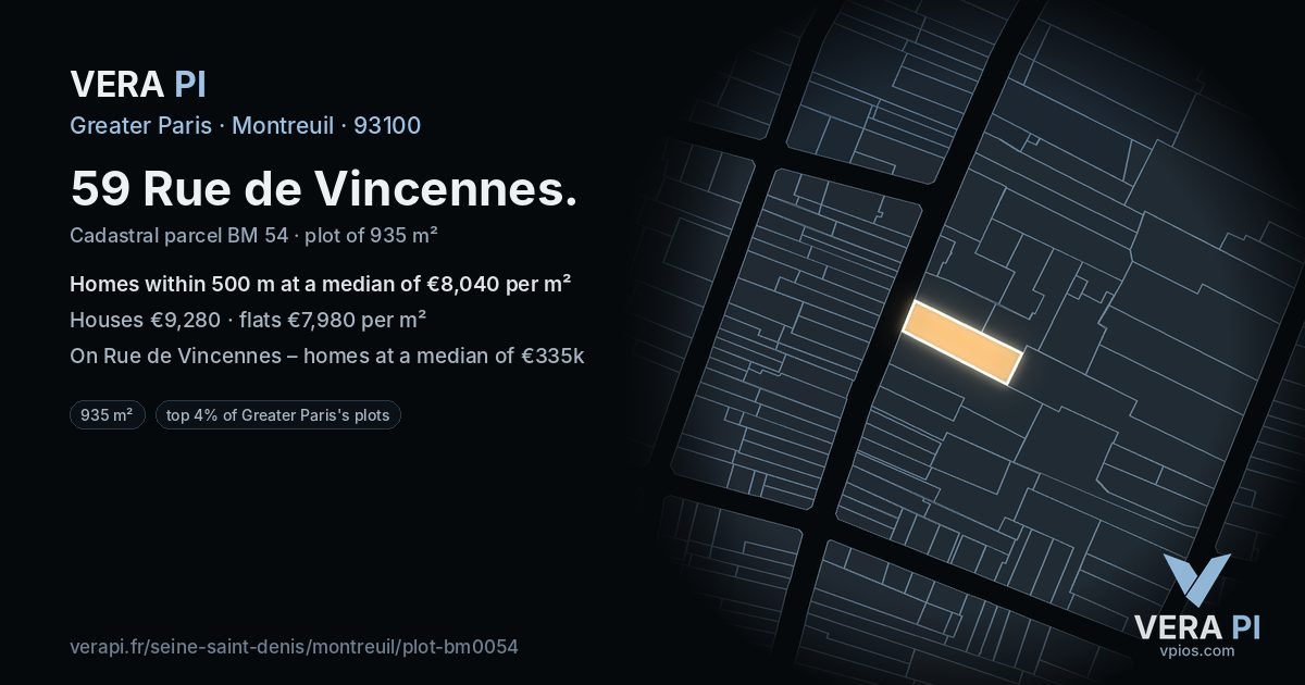 59 Rue de Vincennes, Montreuil at night – the plot lit, the parcels around coloured by the prices near them