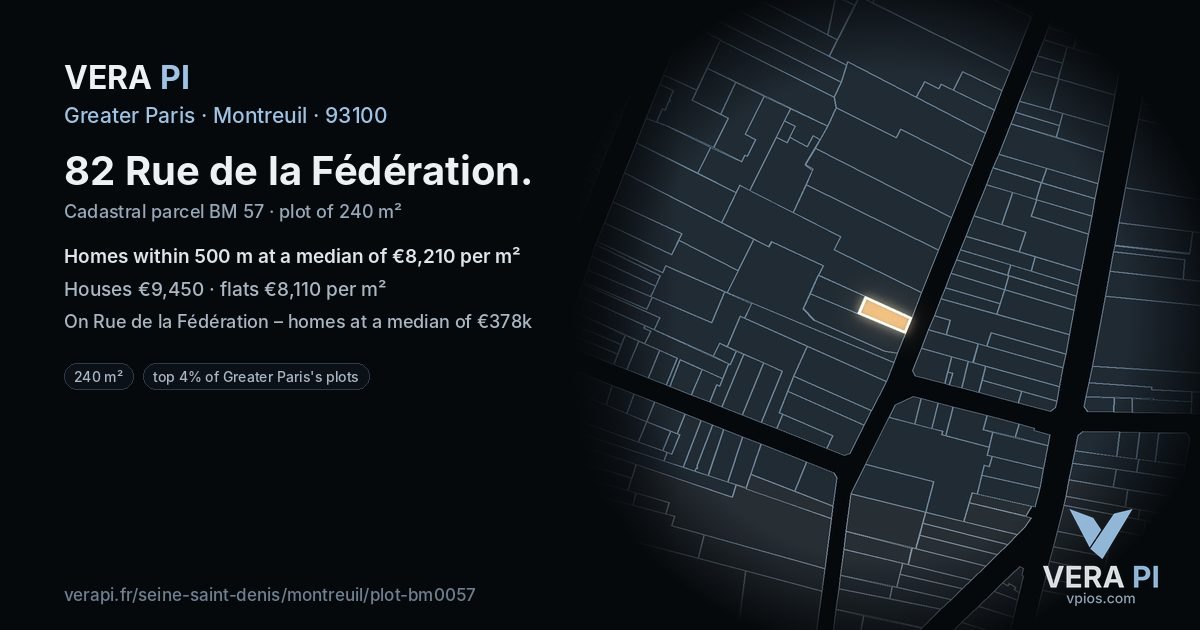 82 Rue de la Fédération, Montreuil at night – the plot lit, the parcels around coloured by the prices near them