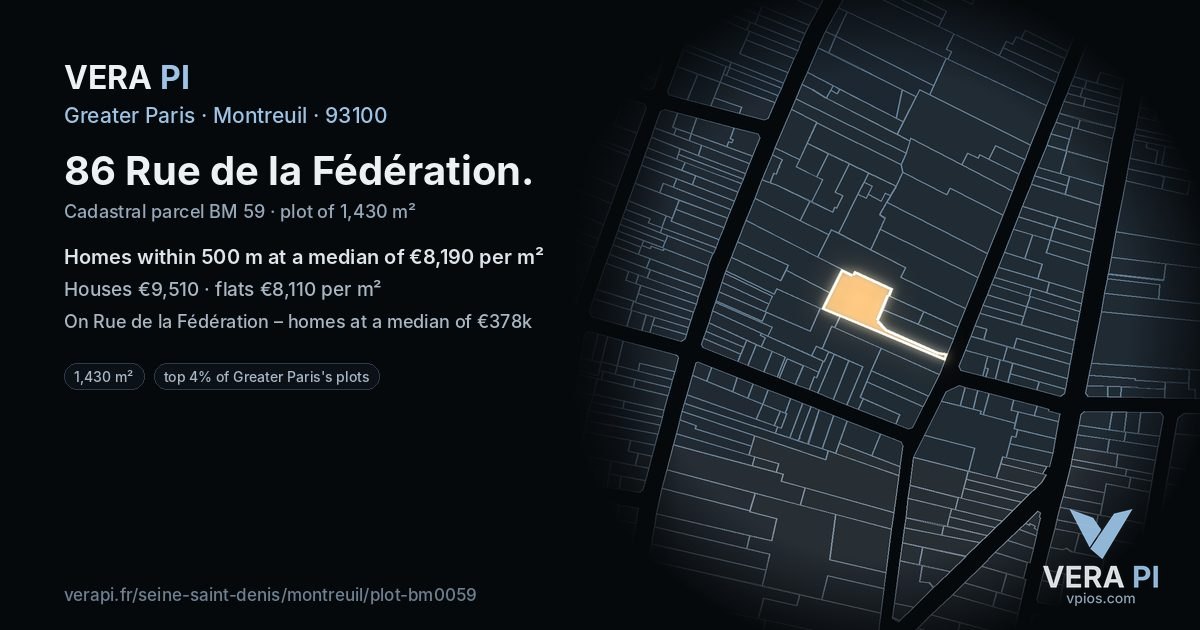 86 Rue de la Fédération, Montreuil at night – the plot lit, the parcels around coloured by the prices near them