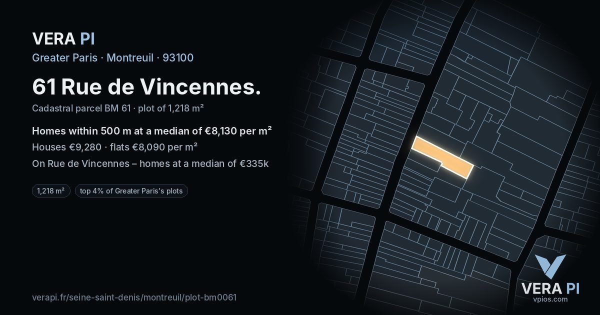 61 Rue de Vincennes, Montreuil at night – the plot lit, the parcels around coloured by the prices near them