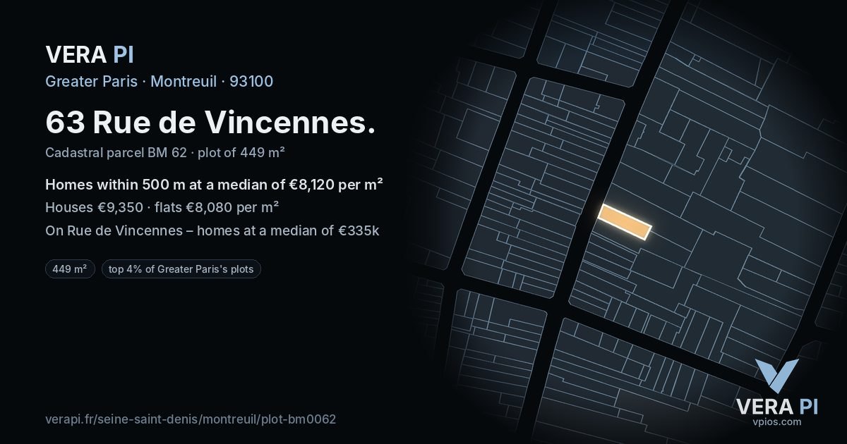 63 Rue de Vincennes, Montreuil at night – the plot lit, the parcels around coloured by the prices near them