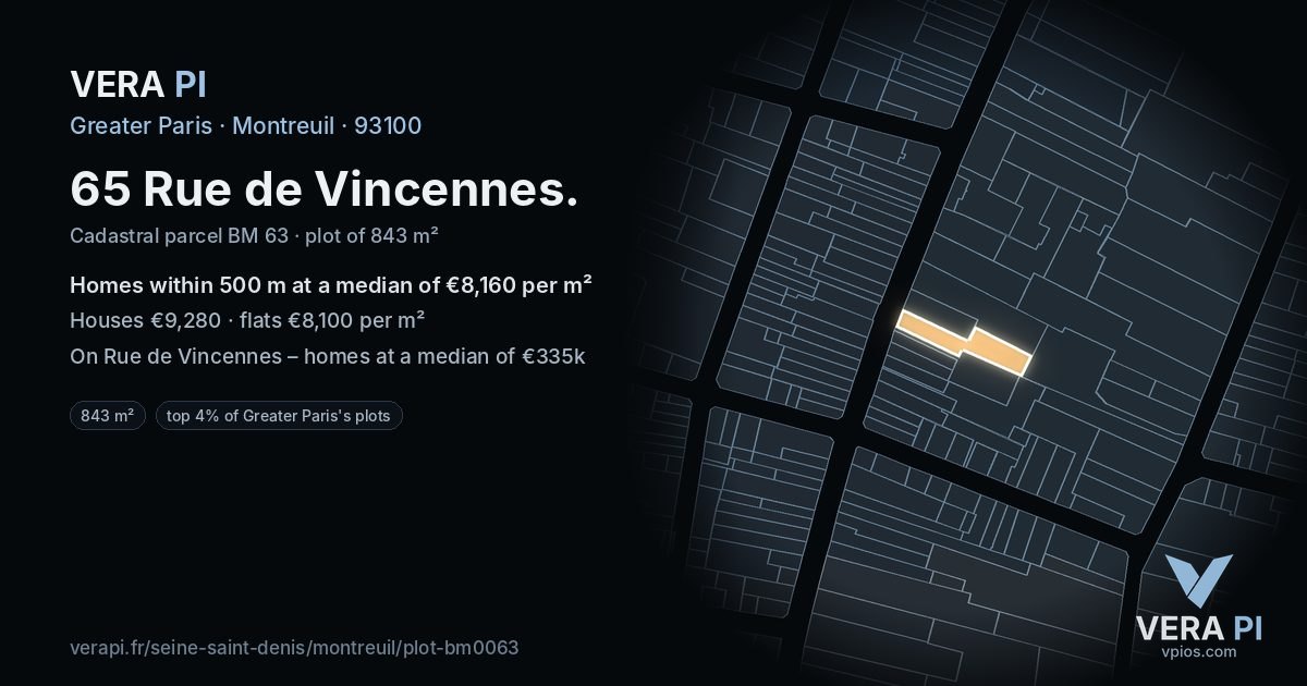 65 Rue de Vincennes, Montreuil at night – the plot lit, the parcels around coloured by the prices near them