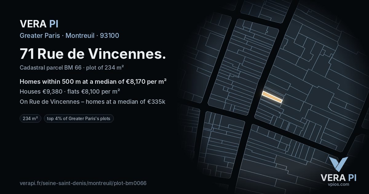 71 Rue de Vincennes, Montreuil at night – the plot lit, the parcels around coloured by the prices near them
