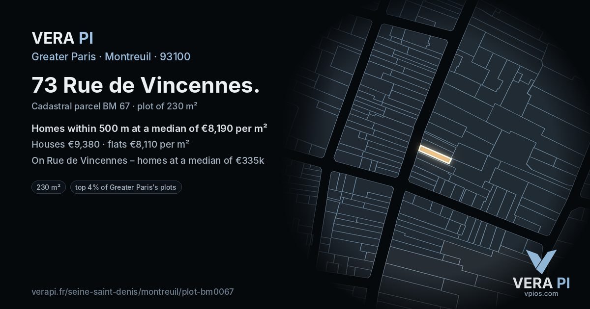 73 Rue de Vincennes, Montreuil at night – the plot lit, the parcels around coloured by the prices near them