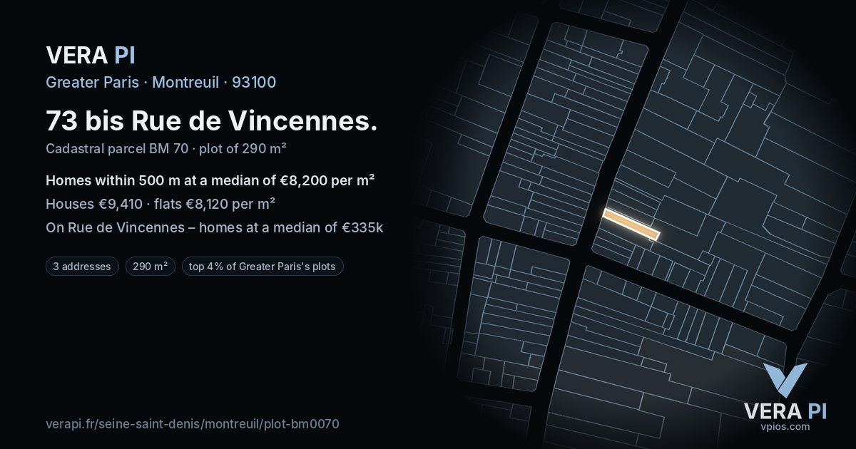 73 bis Rue de Vincennes, Montreuil at night – the plot lit, the parcels around coloured by the prices near them