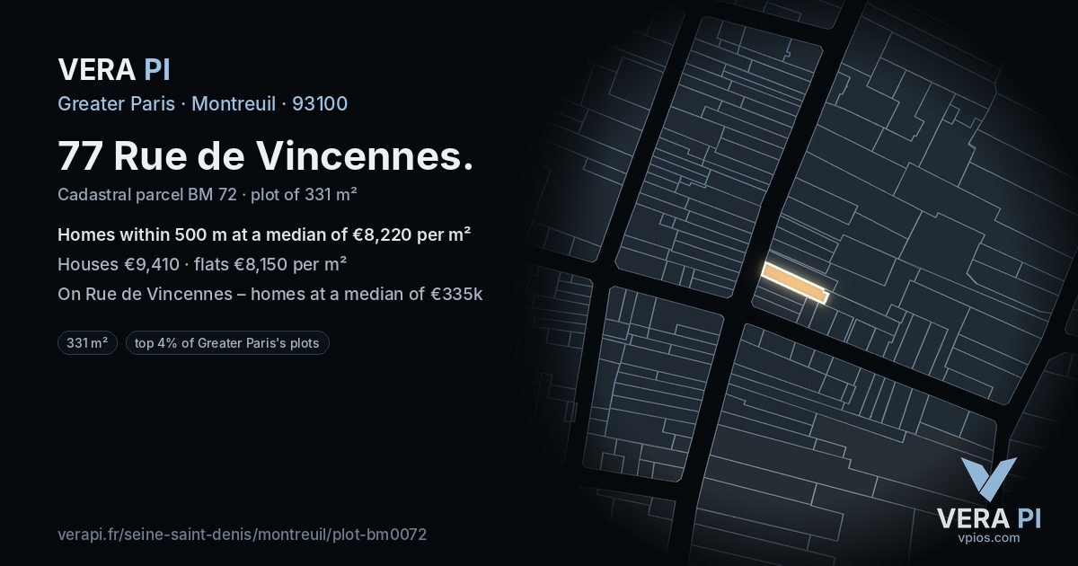 77 Rue de Vincennes, Montreuil at night – the plot lit, the parcels around coloured by the prices near them