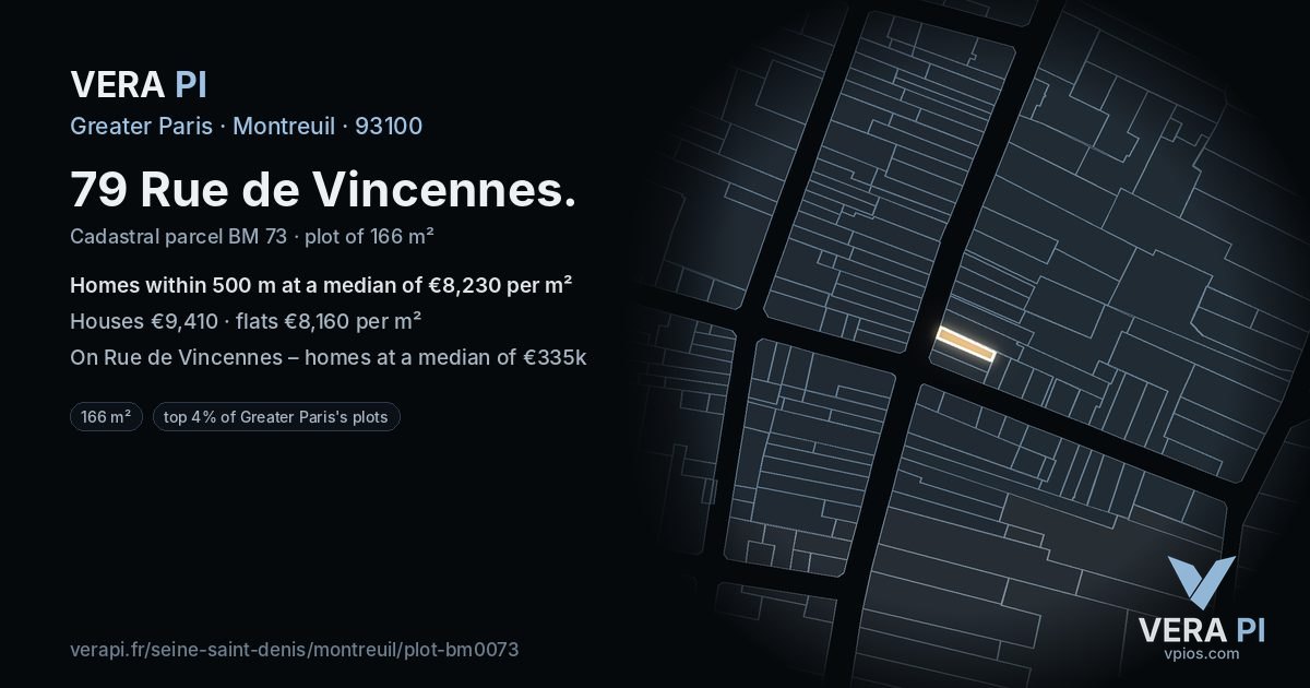 79 Rue de Vincennes, Montreuil at night – the plot lit, the parcels around coloured by the prices near them