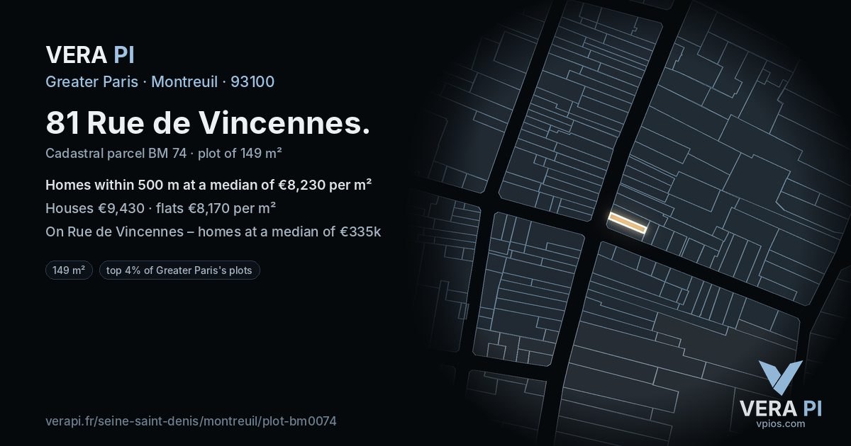 81 Rue de Vincennes, Montreuil at night – the plot lit, the parcels around coloured by the prices near them