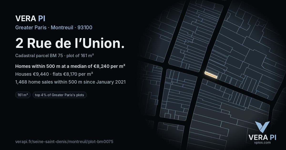 2 Rue de l’Union, Montreuil at night – the plot lit, the parcels around coloured by the prices near them