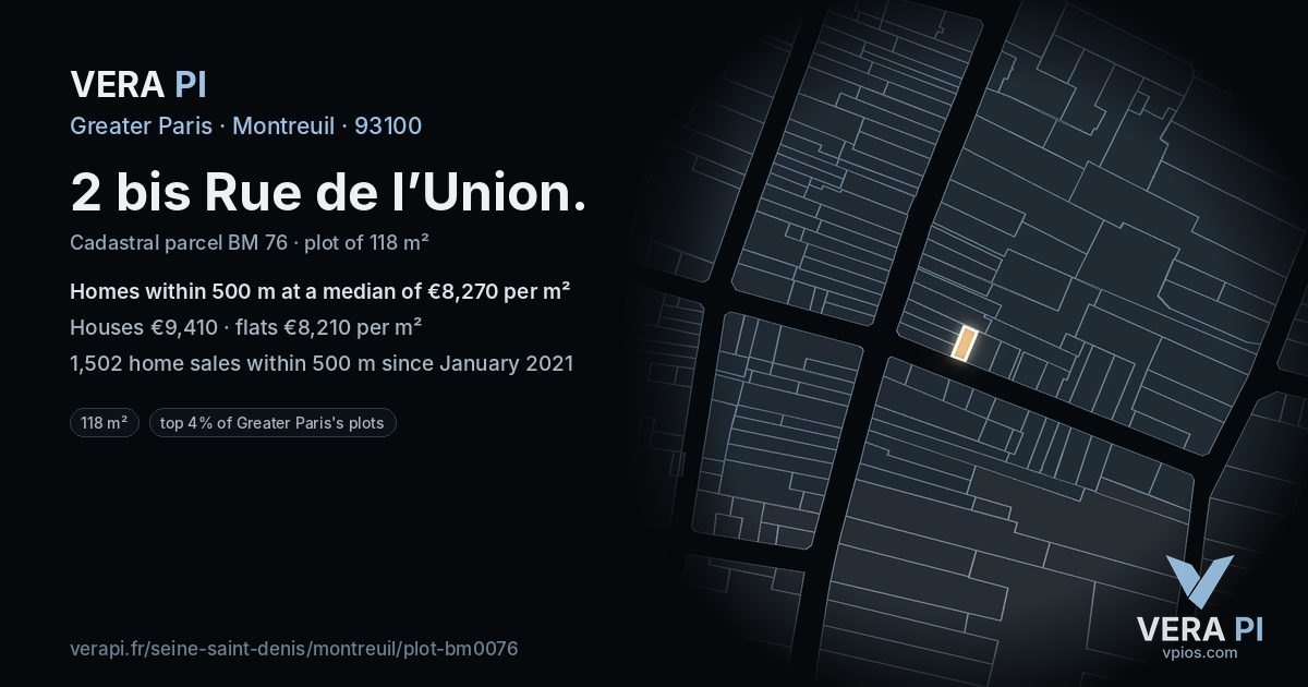 2 bis Rue de l’Union, Montreuil at night – the plot lit, the parcels around coloured by the prices near them