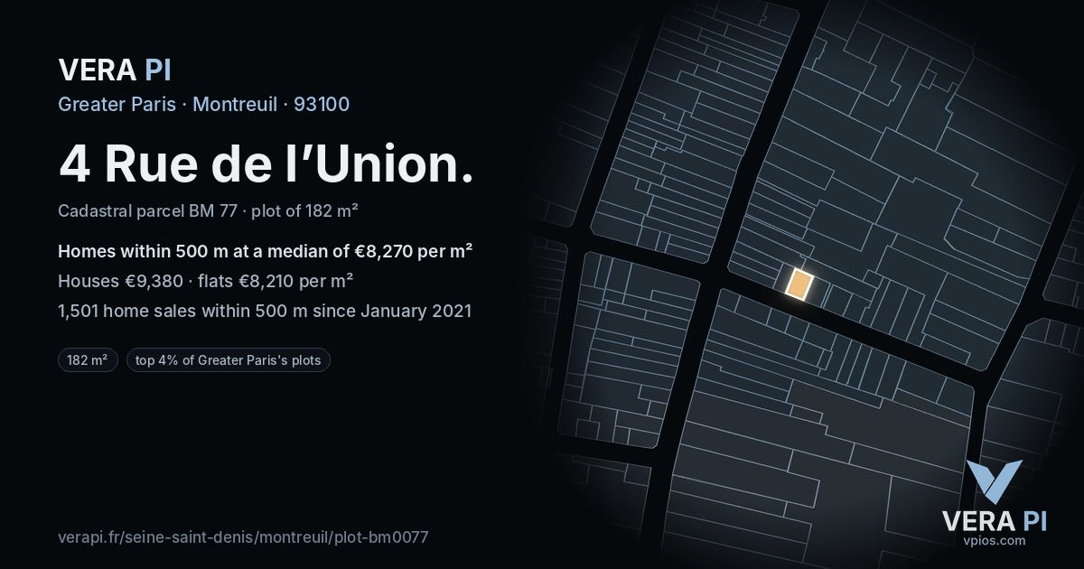4 Rue de l’Union, Montreuil at night – the plot lit, the parcels around coloured by the prices near them