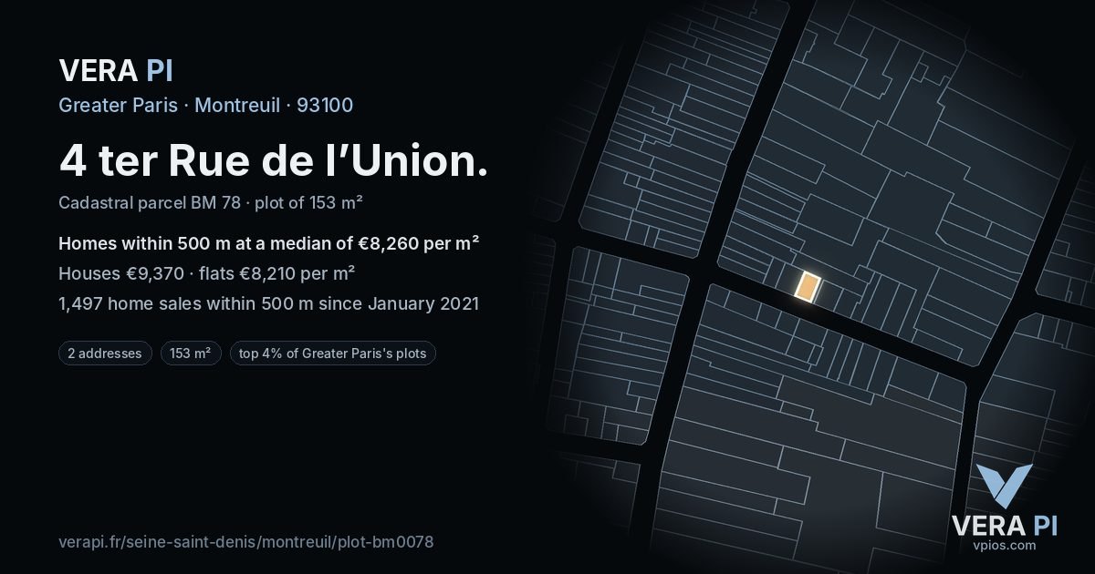 4 ter Rue de l’Union, Montreuil at night – the plot lit, the parcels around coloured by the prices near them