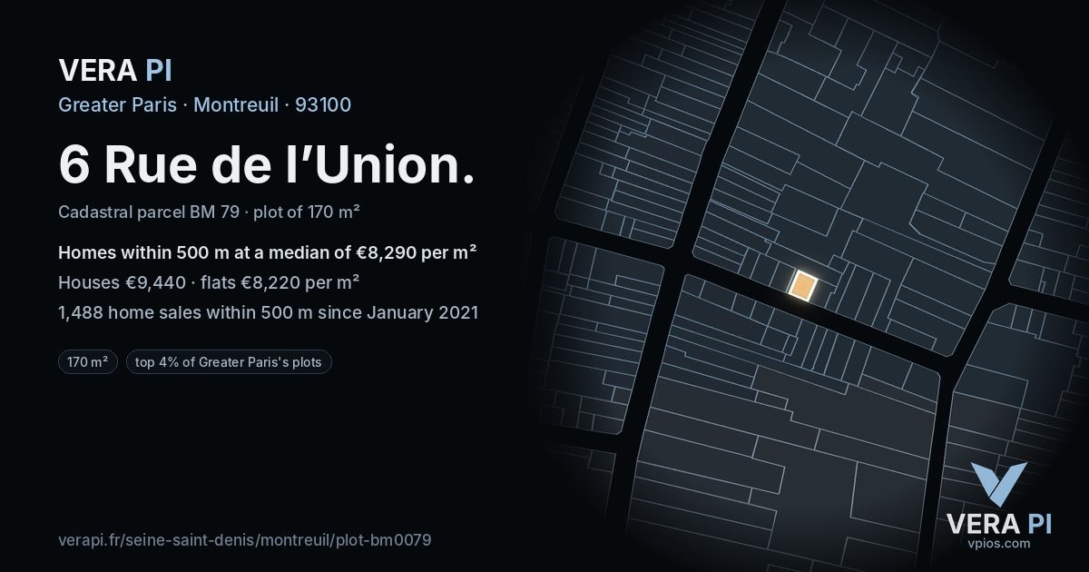 6 Rue de l’Union, Montreuil at night – the plot lit, the parcels around coloured by the prices near them