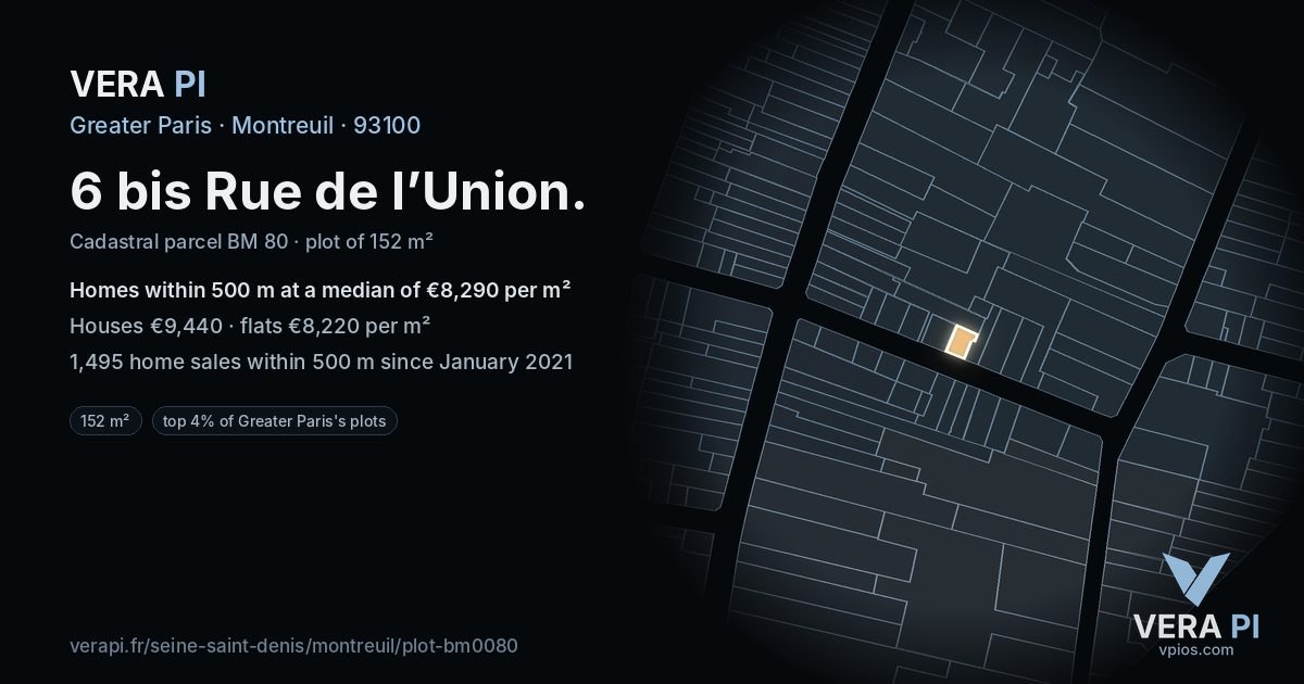 6 bis Rue de l’Union, Montreuil at night – the plot lit, the parcels around coloured by the prices near them