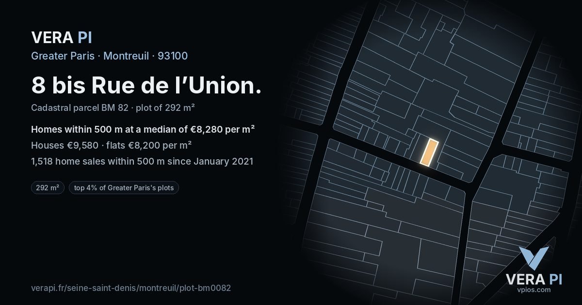 8 bis Rue de l’Union, Montreuil at night – the plot lit, the parcels around coloured by the prices near them