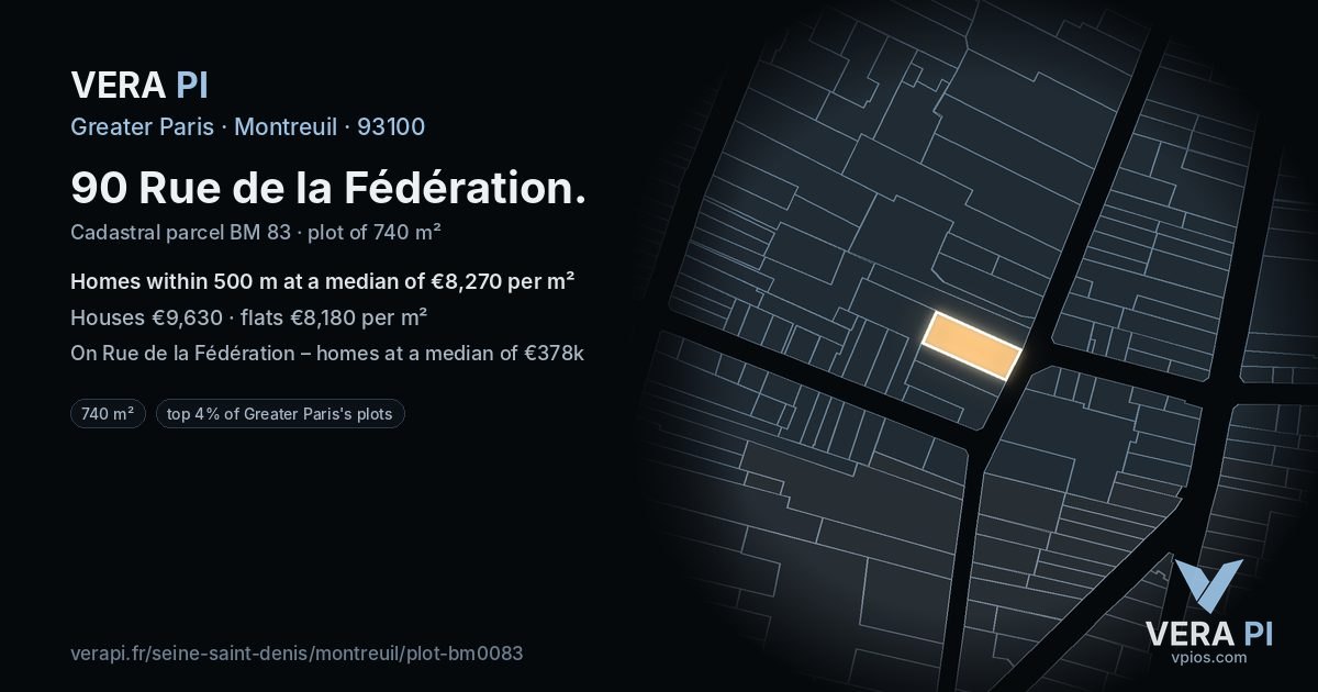 90 Rue de la Fédération, Montreuil at night – the plot lit, the parcels around coloured by the prices near them