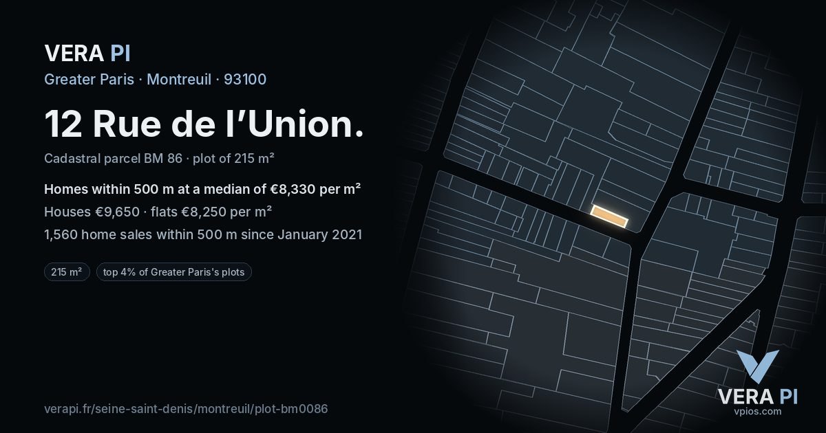 12 Rue de l’Union, Montreuil at night – the plot lit, the parcels around coloured by the prices near them