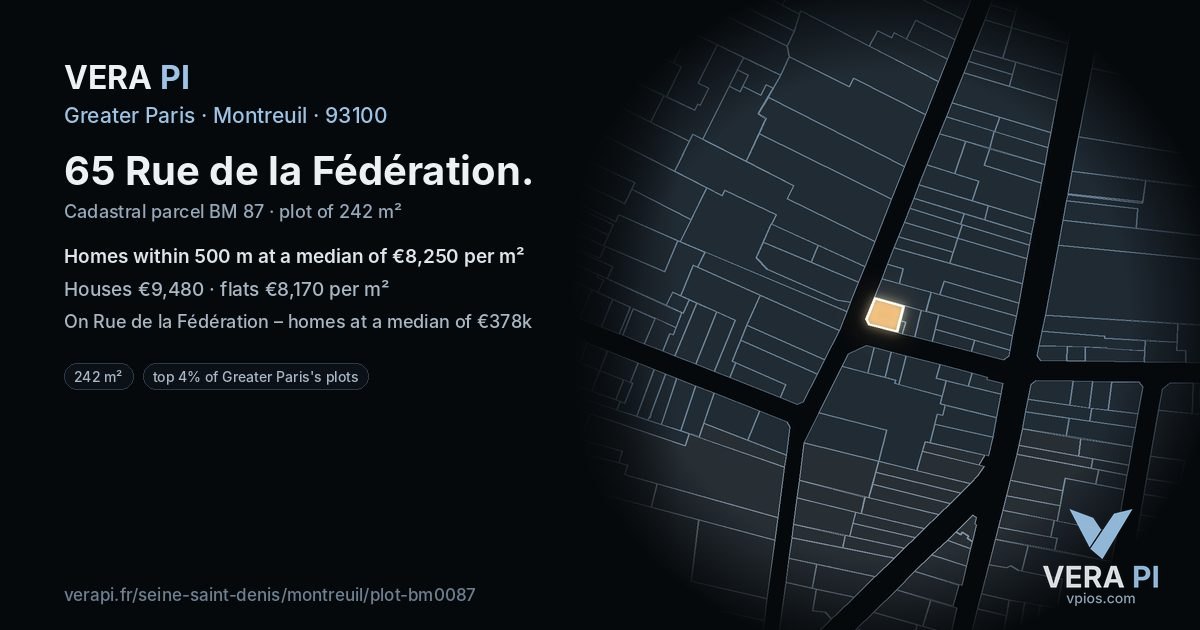 65 Rue de la Fédération, Montreuil at night – the plot lit, the parcels around coloured by the prices near them