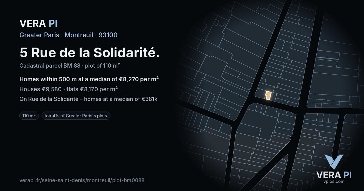 5 Rue de la Solidarité, Montreuil at night – the plot lit, the parcels around coloured by the prices near them