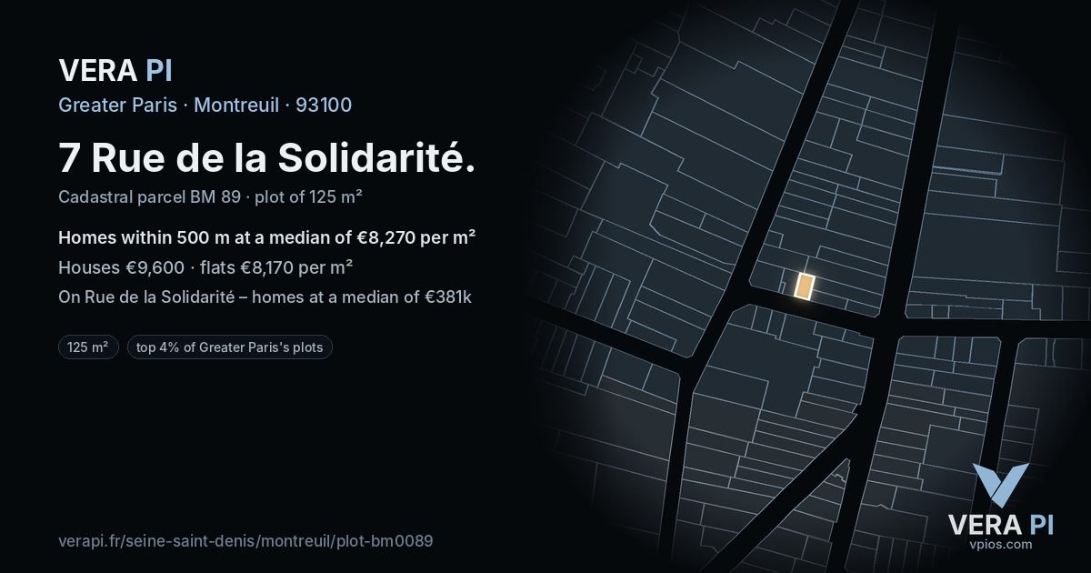 7 Rue de la Solidarité, Montreuil at night – the plot lit, the parcels around coloured by the prices near them