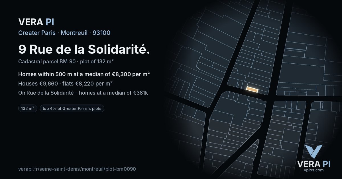 9 Rue de la Solidarité, Montreuil at night – the plot lit, the parcels around coloured by the prices near them