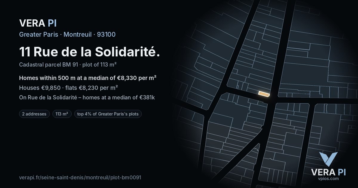 11 Rue de la Solidarité, Montreuil at night – the plot lit, the parcels around coloured by the prices near them