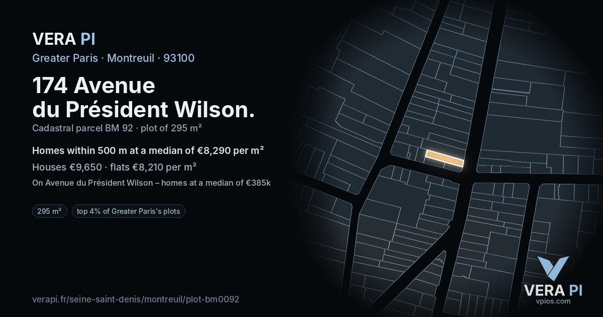 174 Avenue du Président Wilson, Montreuil at night – the plot lit, the parcels around coloured by the prices near them