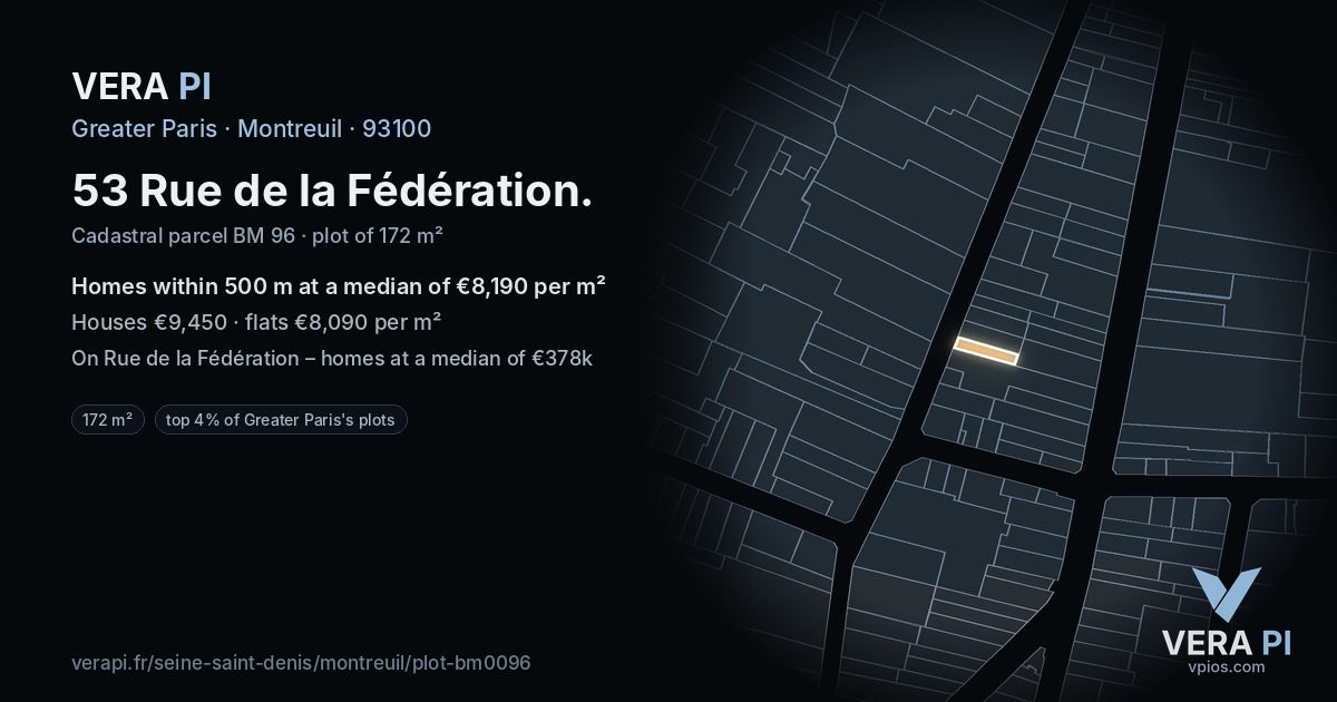 53 Rue de la Fédération, Montreuil at night – the plot lit, the parcels around coloured by the prices near them
