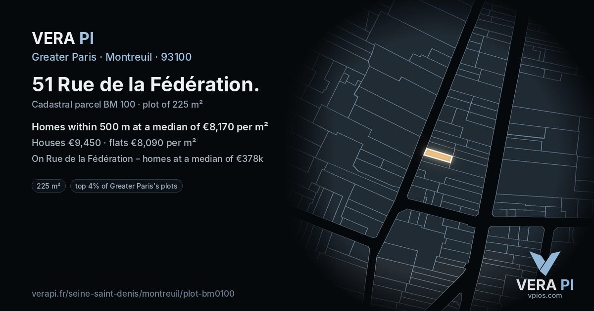51 Rue de la Fédération, Montreuil at night – the plot lit, the parcels around coloured by the prices near them