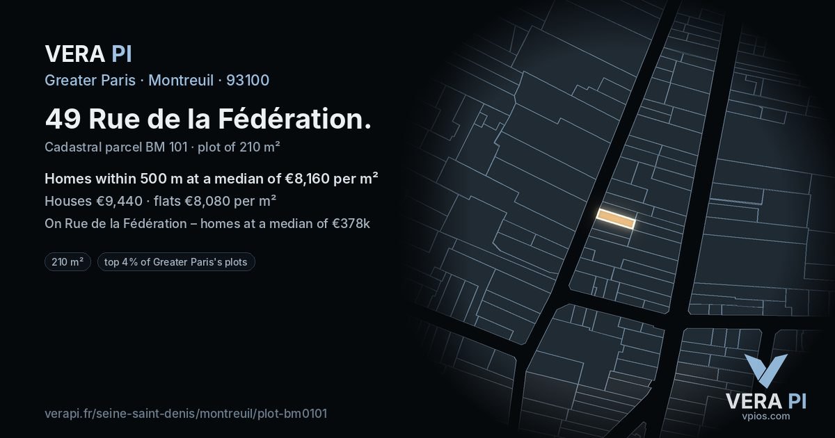 49 Rue de la Fédération, Montreuil at night – the plot lit, the parcels around coloured by the prices near them