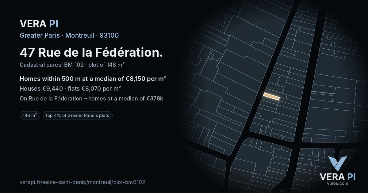 47 Rue de la Fédération, Montreuil at night – the plot lit, the parcels around coloured by the prices near them