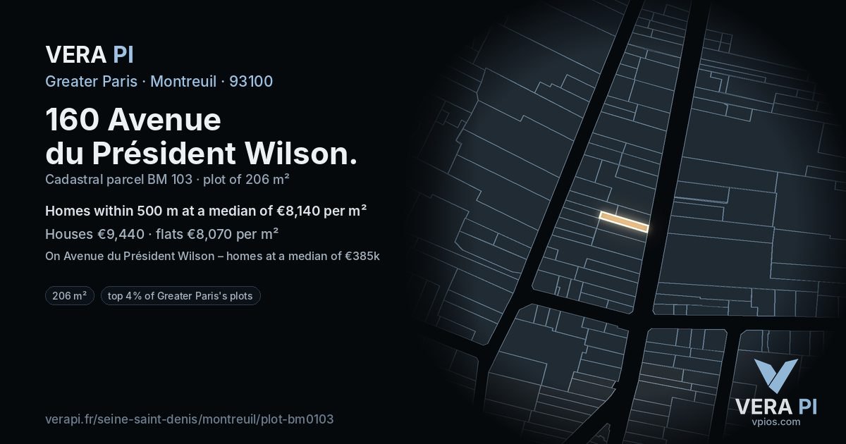 160 Avenue du Président Wilson, Montreuil at night – the plot lit, the parcels around coloured by the prices near them