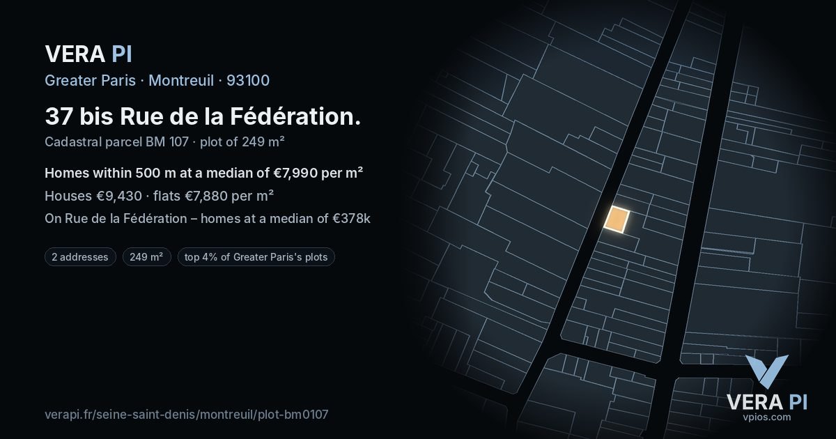 37 bis Rue de la Fédération, Montreuil at night – the plot lit, the parcels around coloured by the prices near them