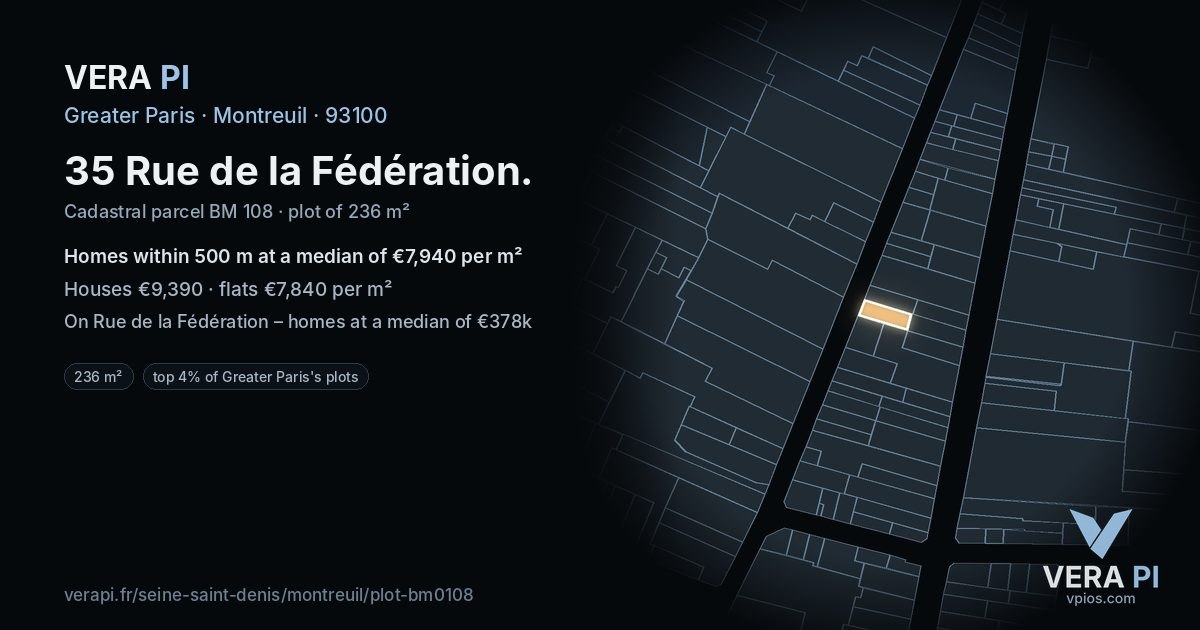 35 Rue de la Fédération, Montreuil at night – the plot lit, the parcels around coloured by the prices near them