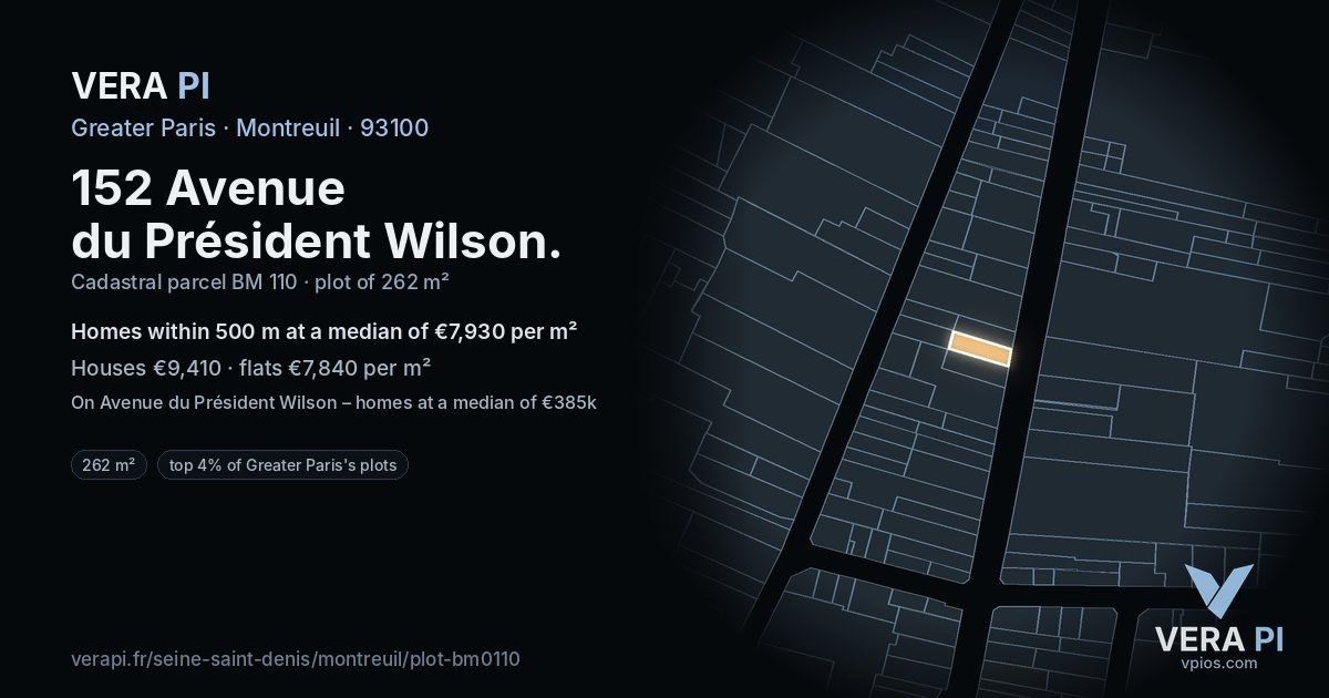 152 Avenue du Président Wilson, Montreuil at night – the plot lit, the parcels around coloured by the prices near them